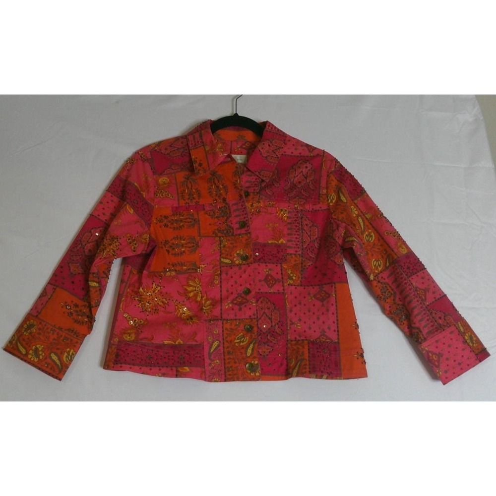 Susan Bristol Womens PM Jacket Pink Orange Patchwork Beaded Sequin Petite Boho